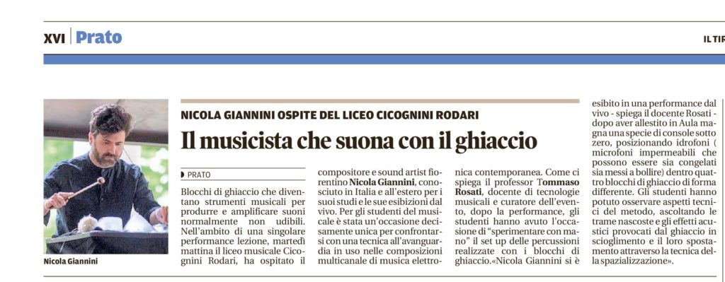 Article on "Il Tirreno" newspaper about my lesson / concert at the Music High School in Prato "liceo musicale Cicognini Rodari"